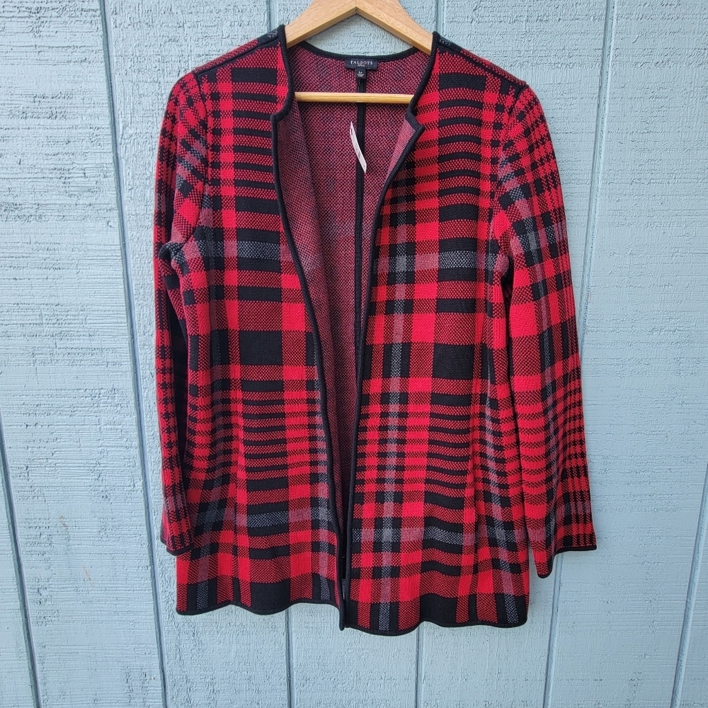 NWT Talbots Open Front Tunic Cardigan sz PL Red Black Chic Cabincore Cozy